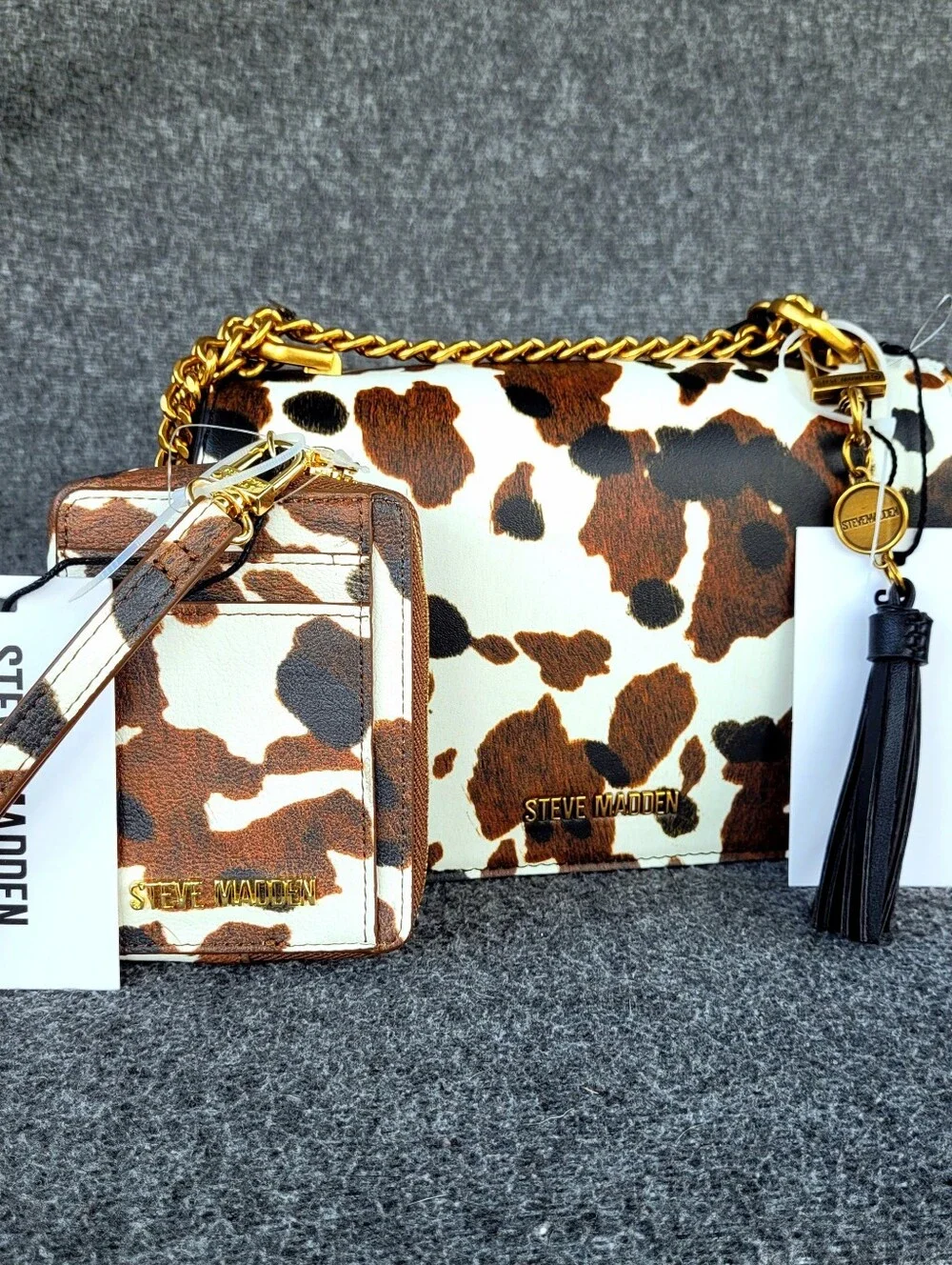 Steve Madden Cow Print Matching Shoulder Crossbody Handbag and Card Wallet Set